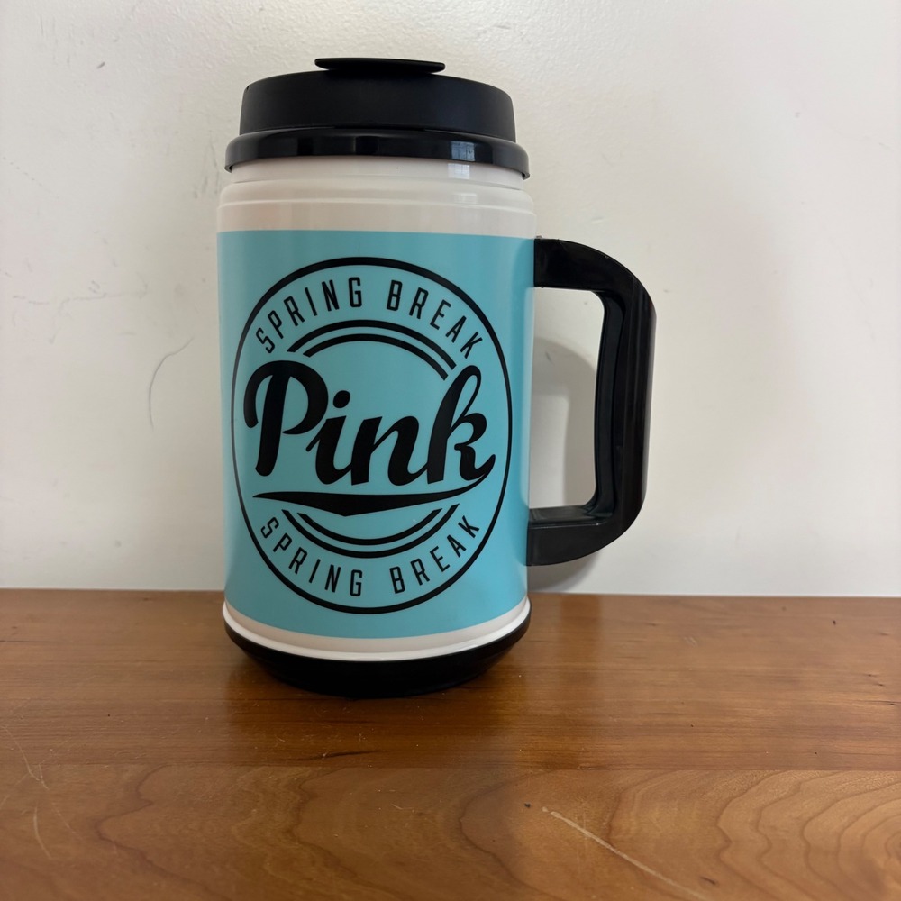Victorias Secret PINK Nation Spring Break Travel Mug Blue Whirley Insulated 7.5"